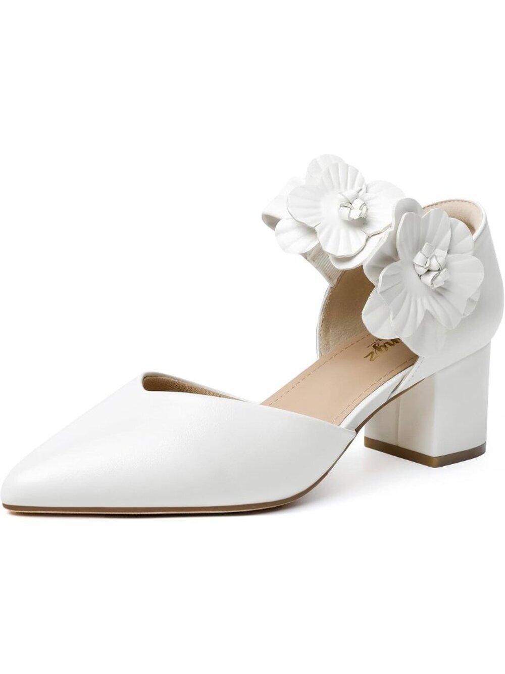 Women's White Chunky Kitten Heels Closed Toe Slip On Comfortable Flower Shoes